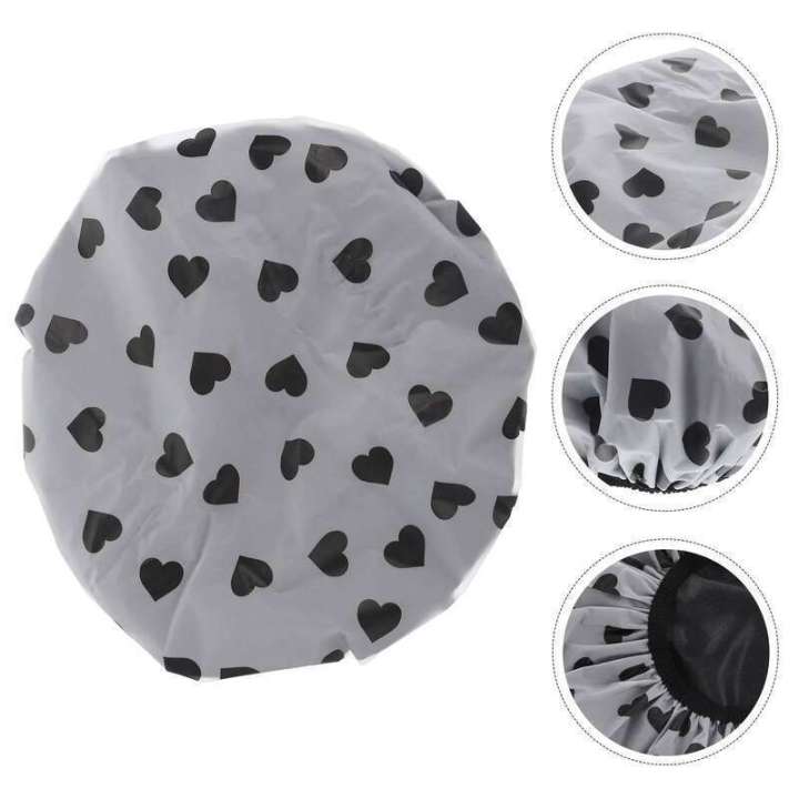 Satin-Lined Shower Cap — Double Layer, Heart Print